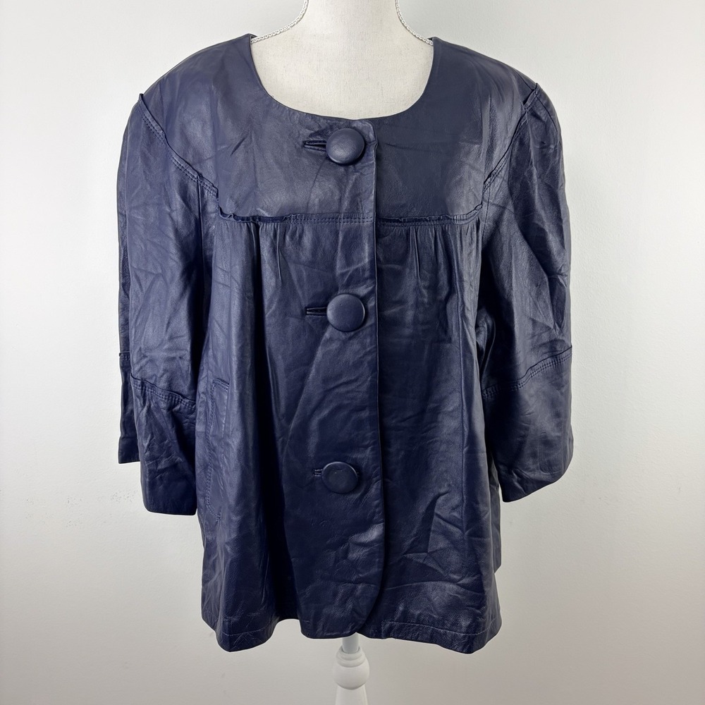 Terry Lewis Women Navy Blue Genuine Leather Button Front Jacket Size 3X